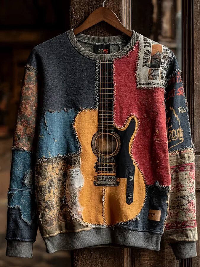 Vintage Acoustic Guitar Patchwork Style Crewneck Sweatshirt