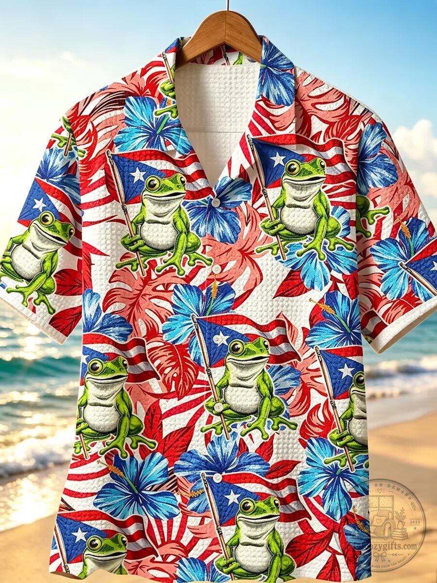 Puerto Rico Flag Coqui Frog Tropical Hawaiian Shirt for Men