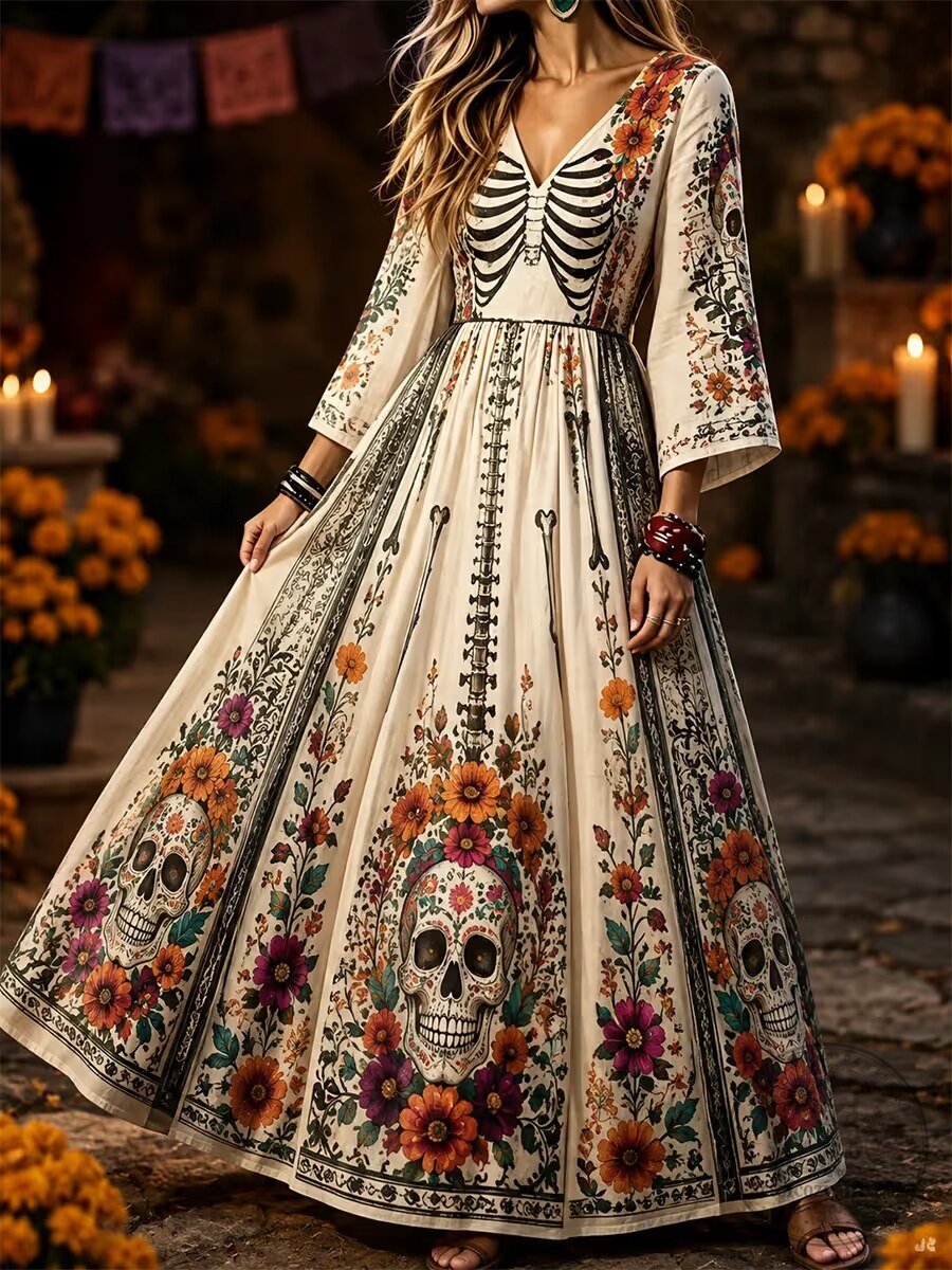 Day of the Dead Floral Skeleton Sugar Skull Long Sleeve Maxi Dress