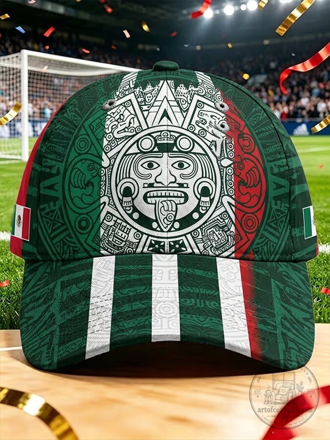 Mexico Aztec Calendar Sun Stone Flag Green Baseball Cap Hat