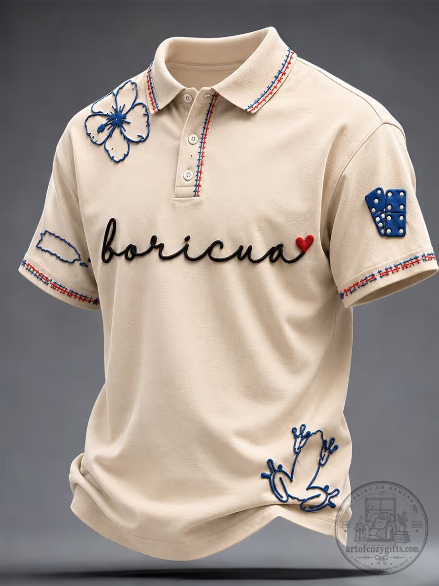 Boricua Puerto Rico Embroidered Flower Frog Dominoes Polo Shirt
