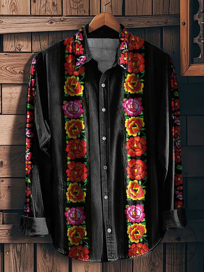 Men's Retro Cinco De Mayo Floral Embroidered Long Sleeve Button Down Shirt