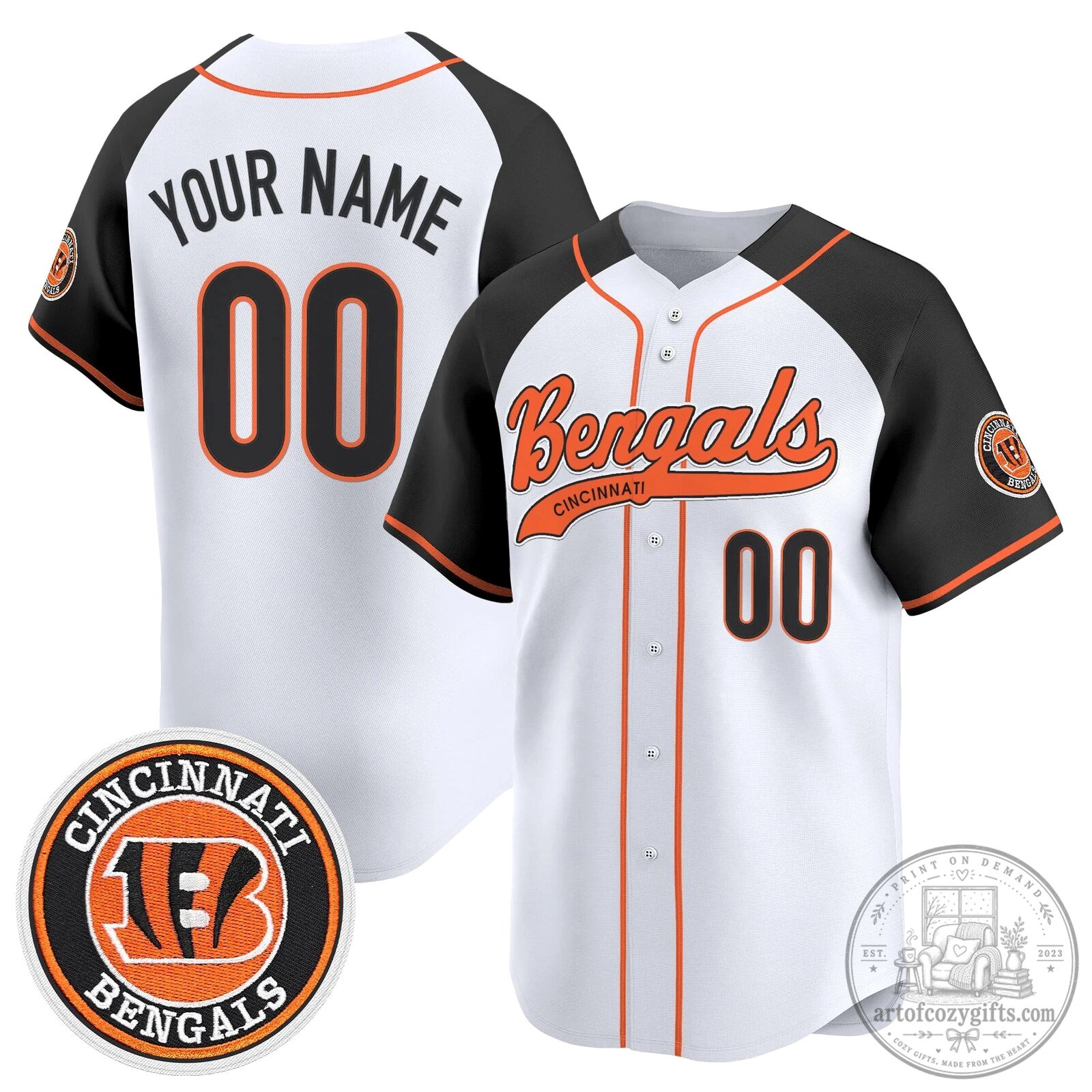 Cincinnati Bengals Custom Name and Number White and Black Baseball Jersey