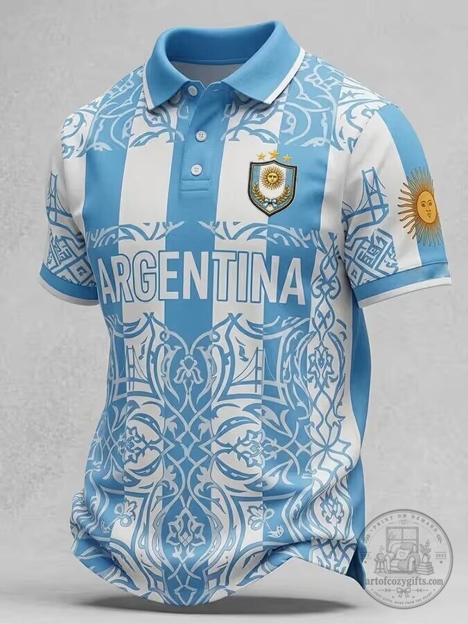 Argentina National Football Team Polo Shirt for Men, Sky Blue and White Stripes