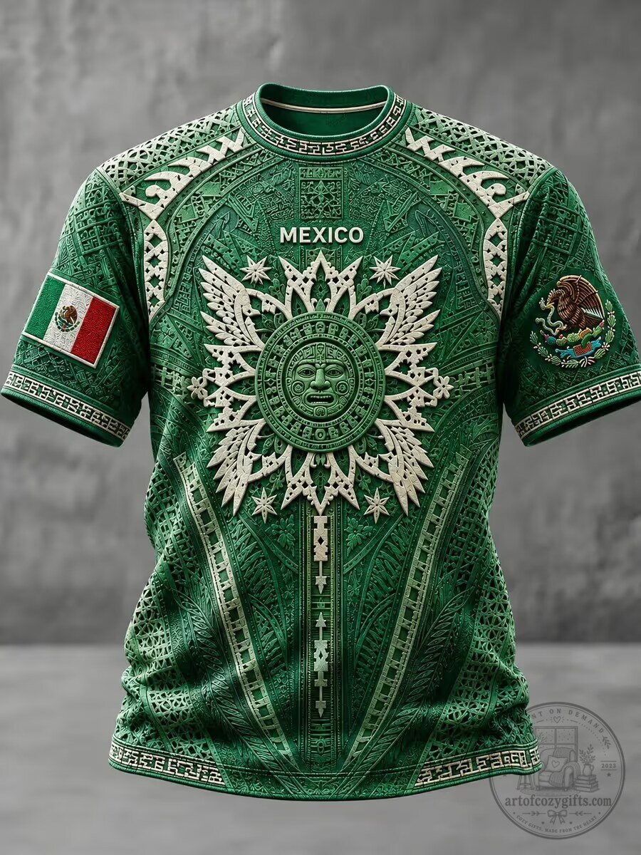 Mexico Aztec Calendar Sun Stone Green National Flag Emblem T-Shirt