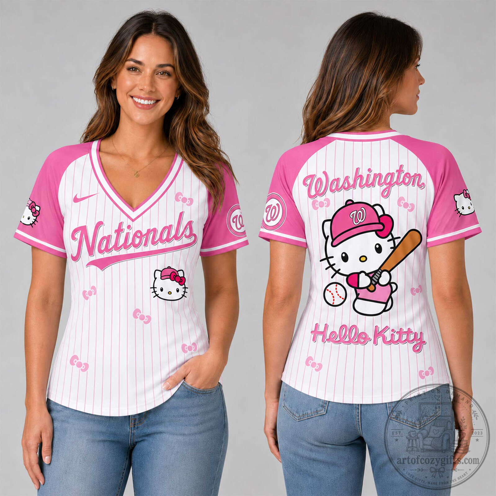 Washington Nationals Hello Kitty Pink Pinstripe Baseball Jersey for Women