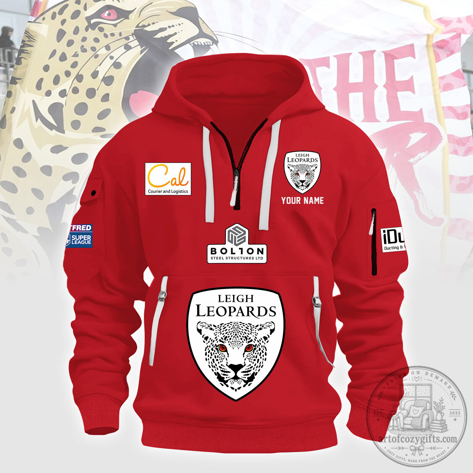 Leigh Leopards Rugby Super League Red Hoodie with Custom Name