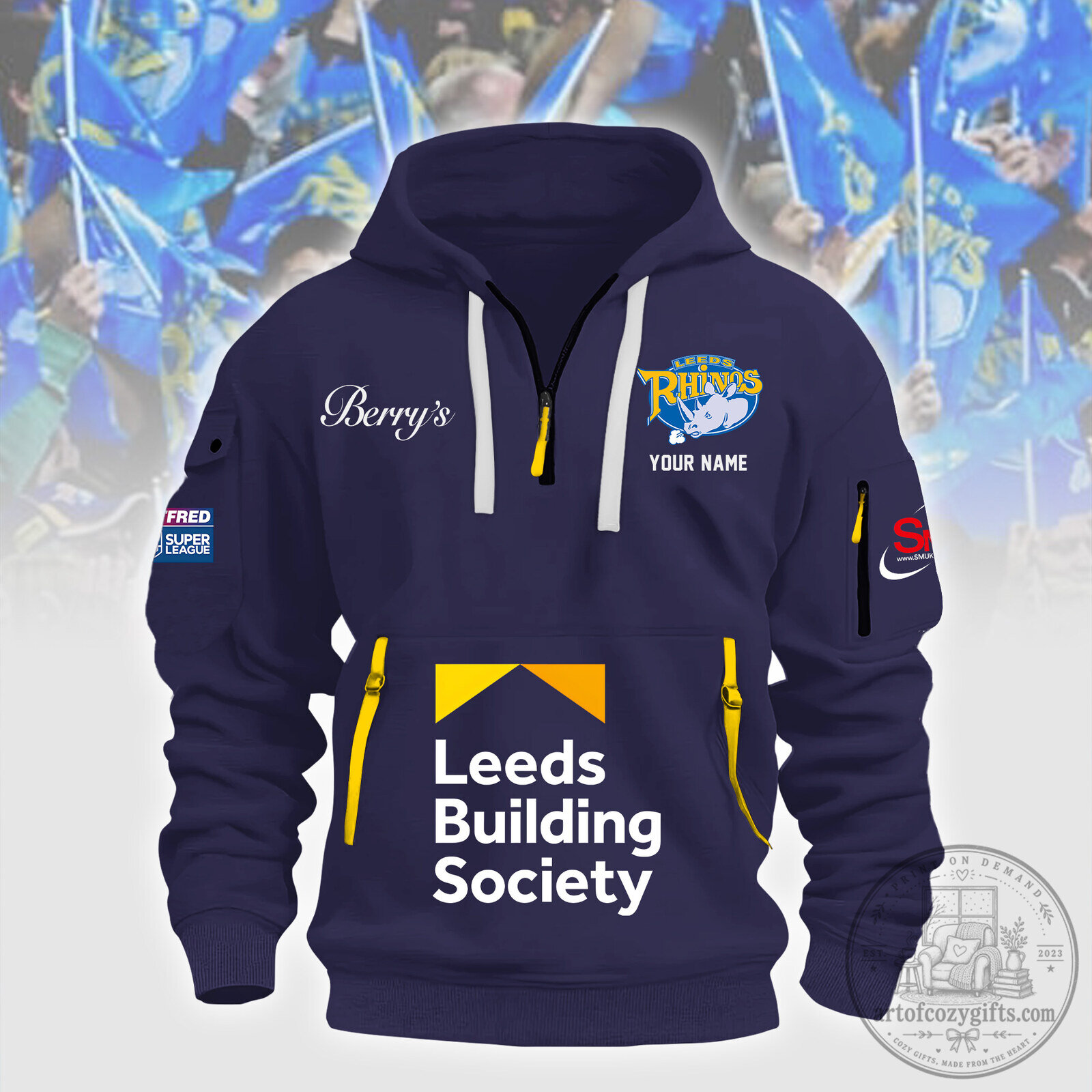 Leeds Rhinos Rugby Team Navy Blue Heavyweight Hoodie