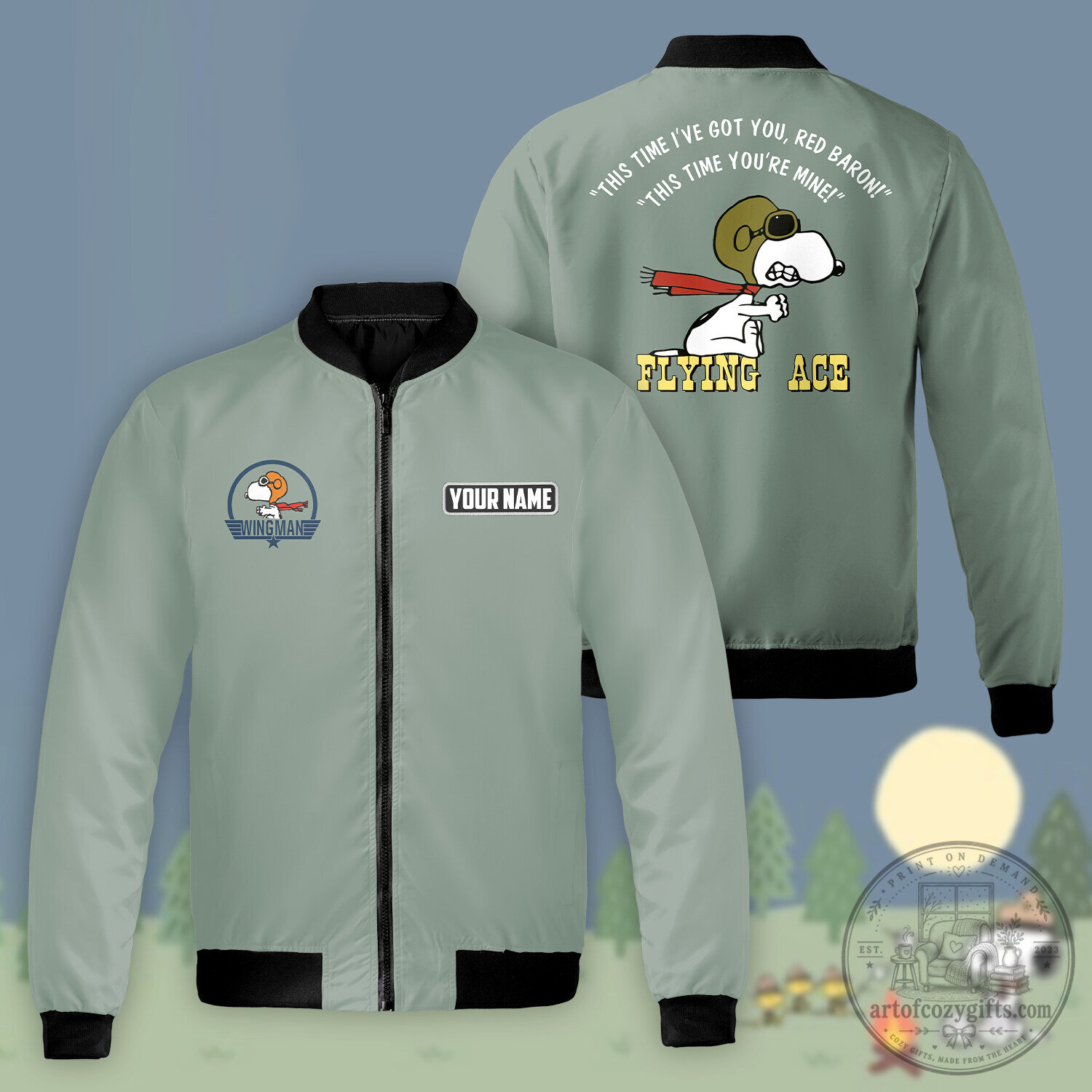 Snoopy Flying Ace Personalized Bomber Jacket, Peanuts Cartoon Pilot Apparel