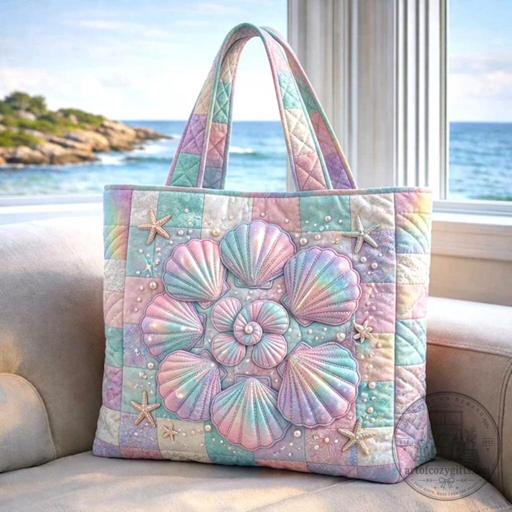 Pastel Seashell Quilted Tote Bag with Starfish and Pearl Embellishments