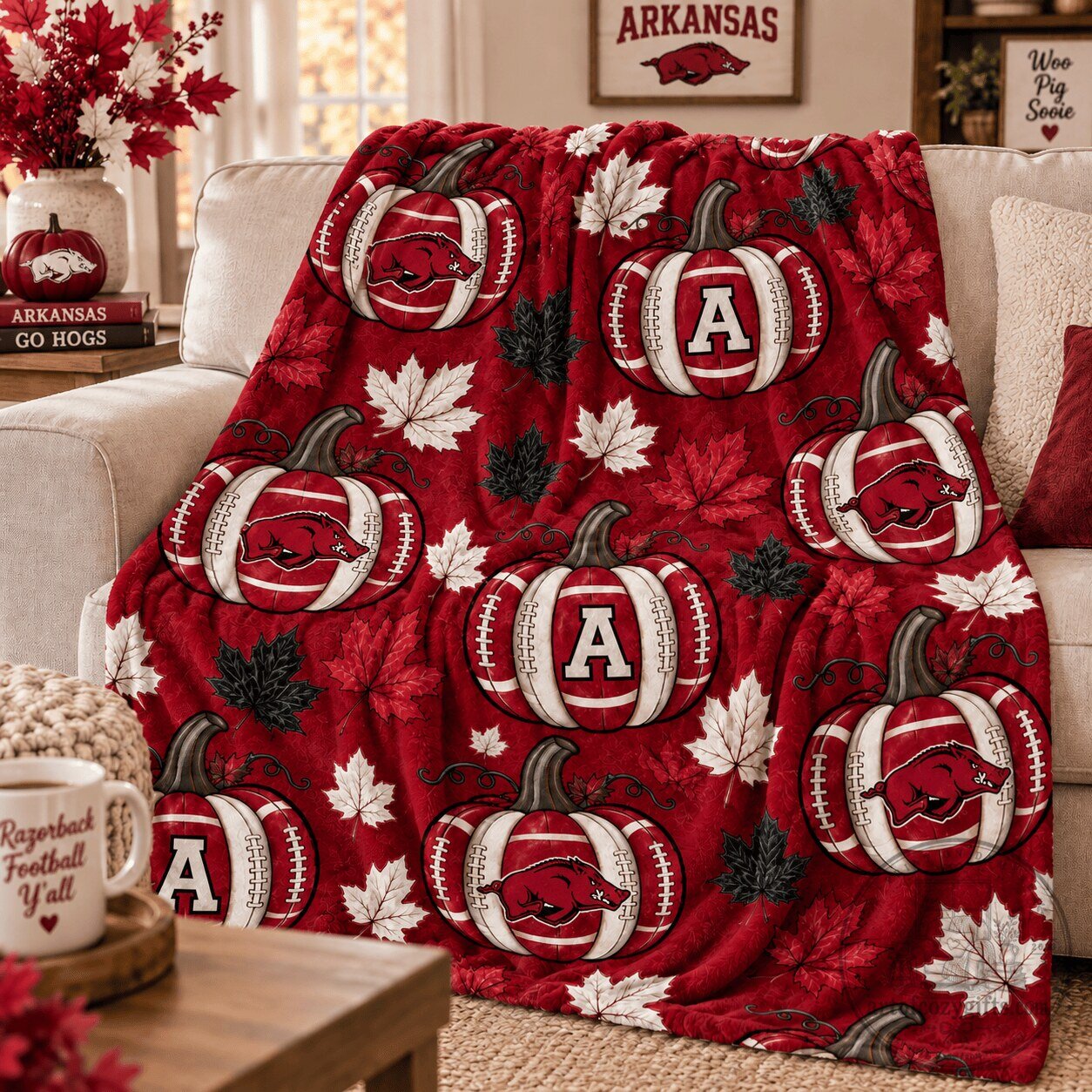 Arkansas Razorbacks Football Pumpkins Autumn Leaves Fleece Blanket