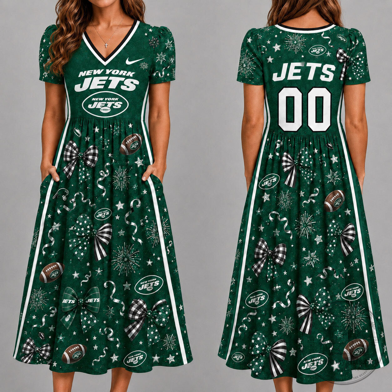 New York Jets NFL Game Day Bow V-Neck Casual Dress