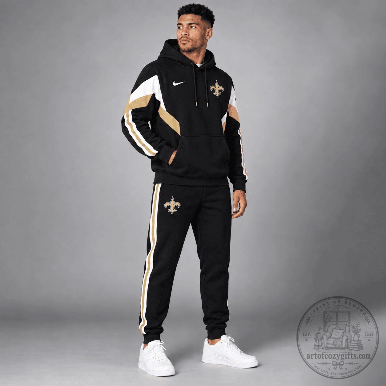 New Orleans Saints Black Gold White Stripe Hoodie and Sweatpants Set