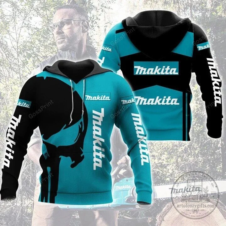 Makita Power Tools Skull Logo Teal and Black All Over Print Hoodie