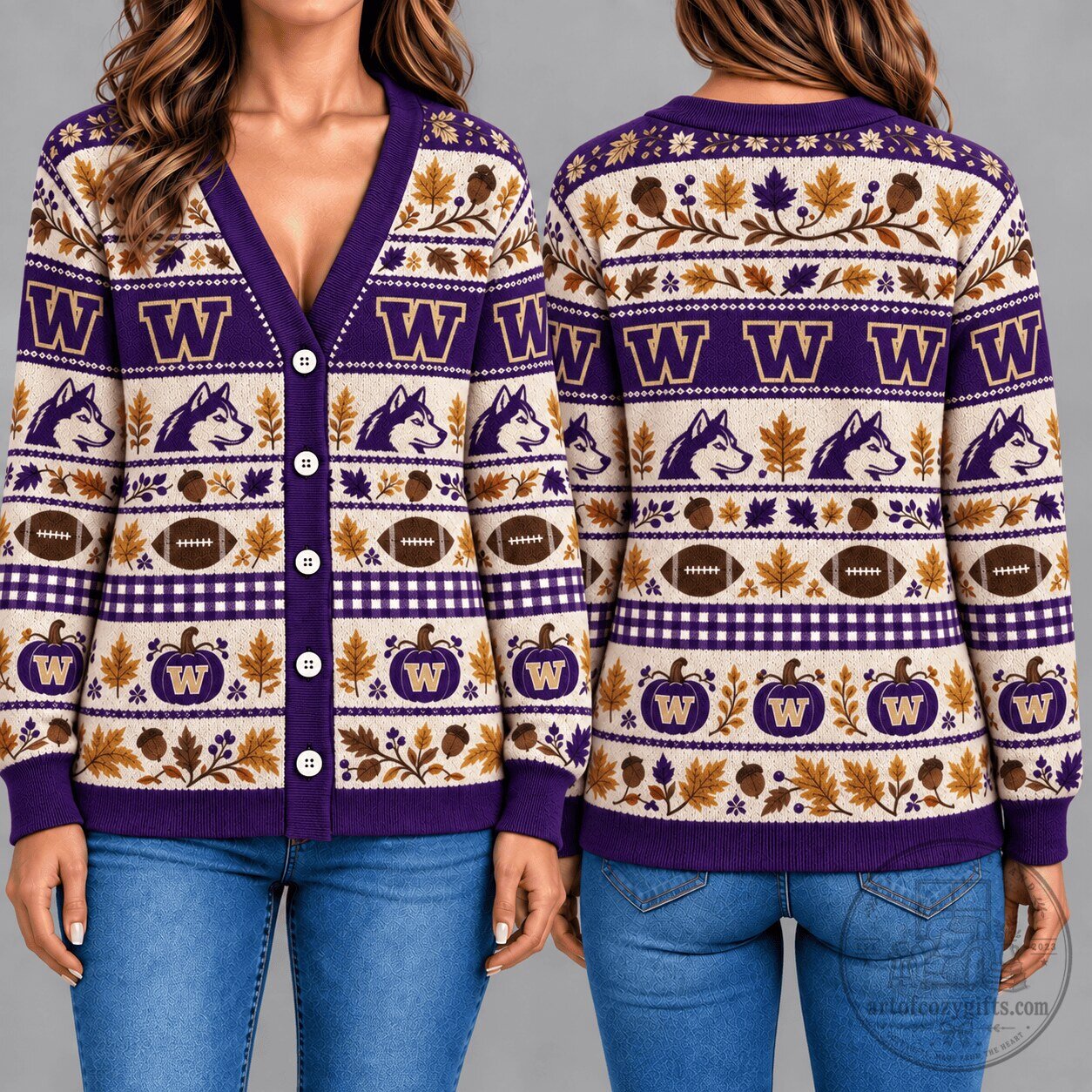 Washington Huskies Autumn Fair Isle Knit Pattern Cardigan Sweater