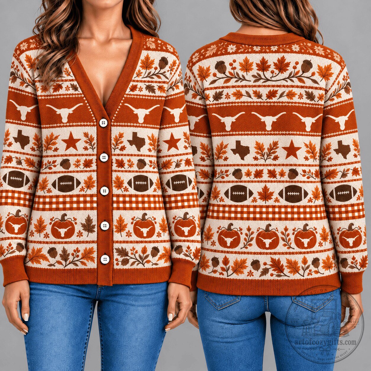Texas Longhorns Autumn Football Pumpkin Leaves Knitted Cardigan