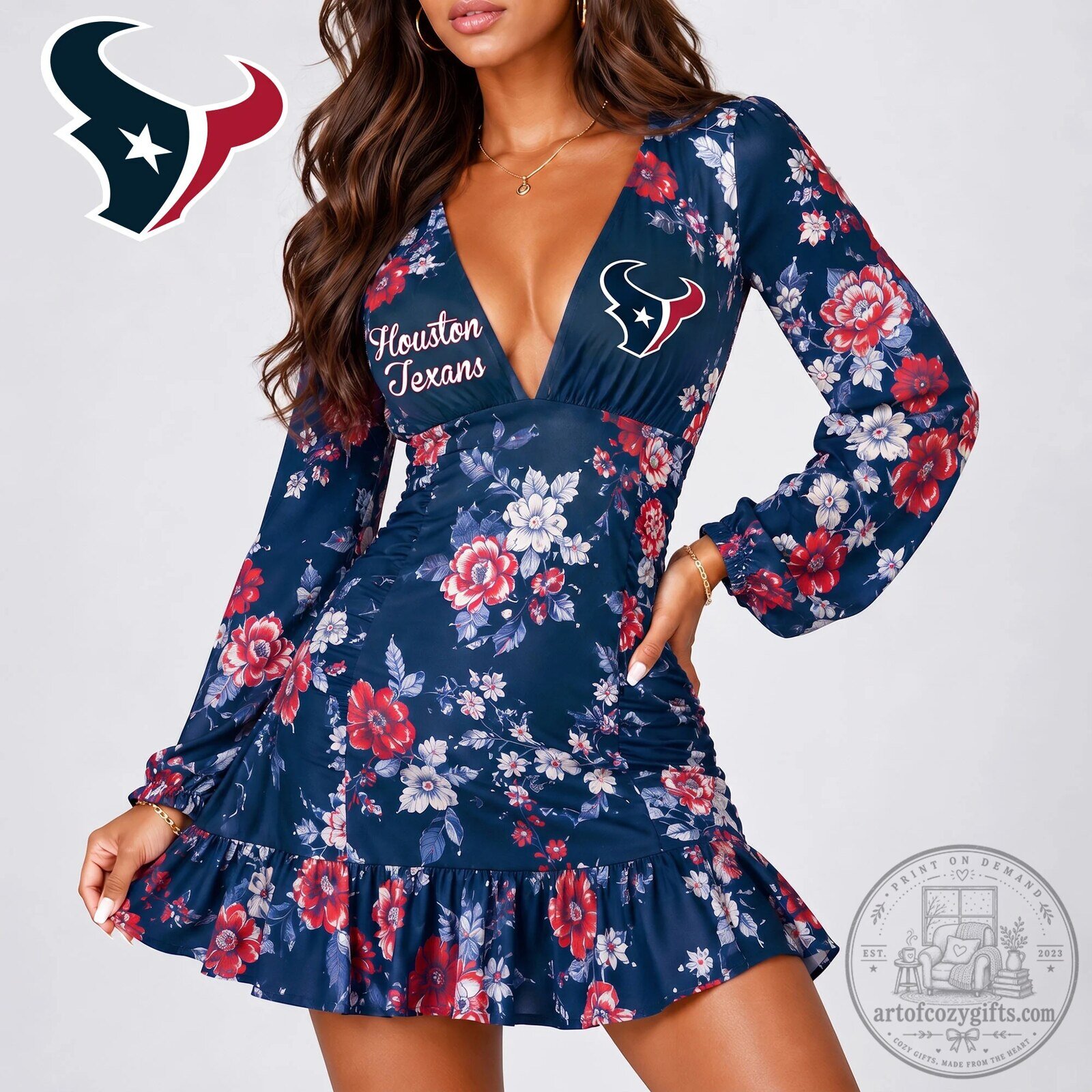 Houston Texans Floral Print Long Sleeve V-Neck Ruffle Mini Dress