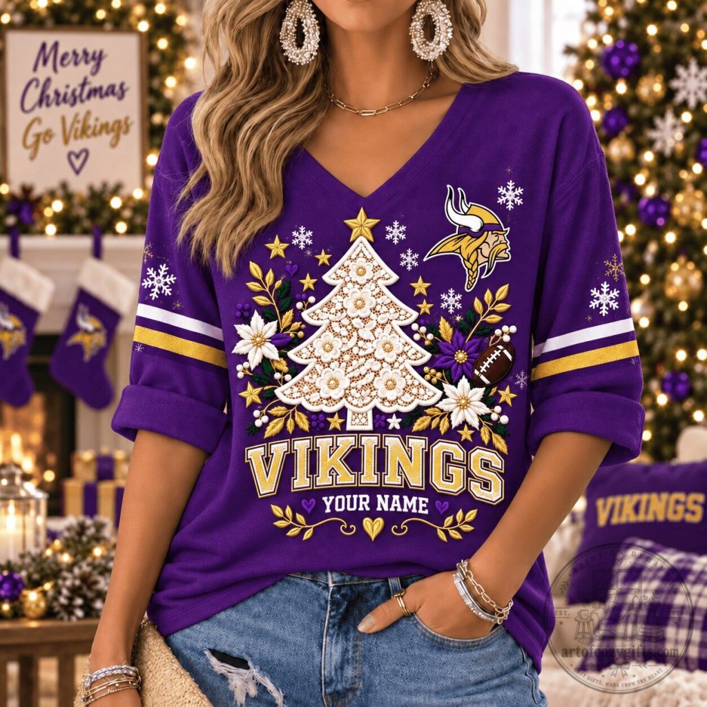 Minnesota Vikings Christmas Tree Women's V-Neck Long Sleeve Shirt Minnesota Vikings Christmas Tree Women's V-Neck Long Sleeve Shirt