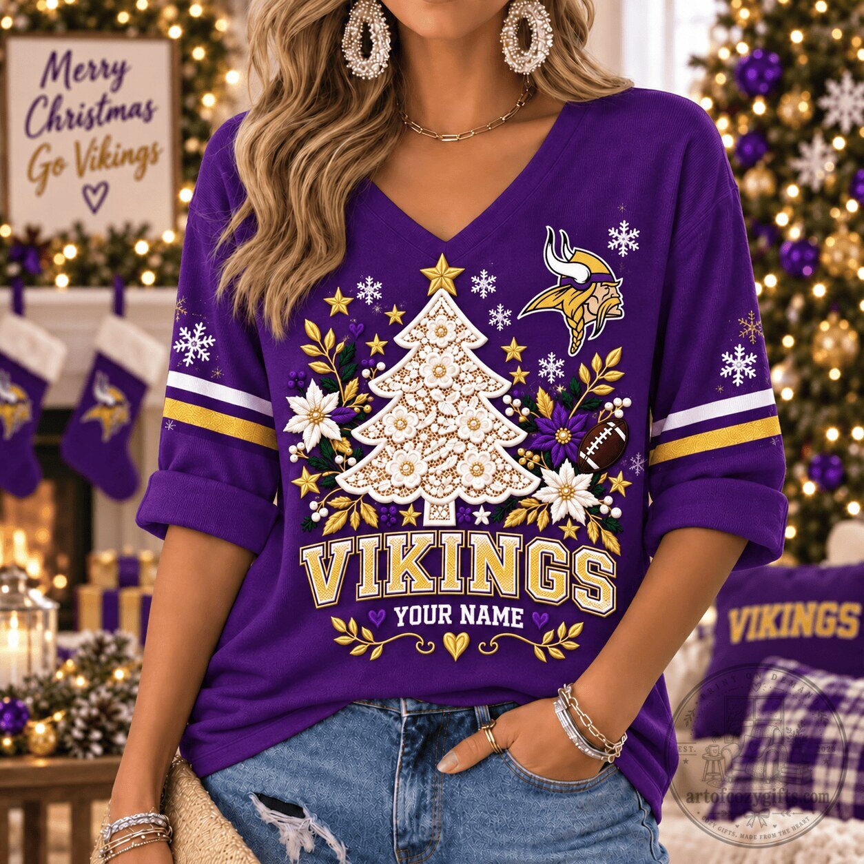 Minnesota Vikings Christmas Tree Women's V-Neck Long Sleeve Shirt
