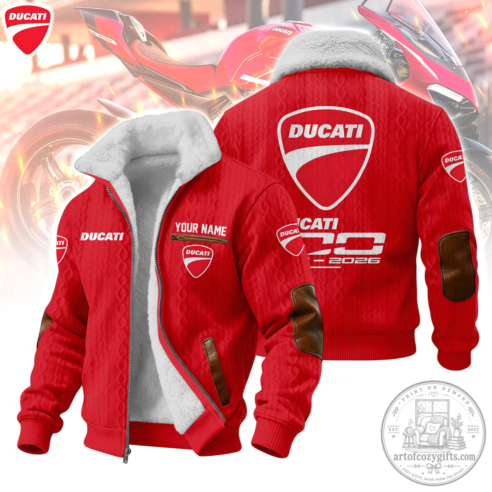 Ducati Motorcycle Racing Red Winter Fleece Jacket with Custom Name