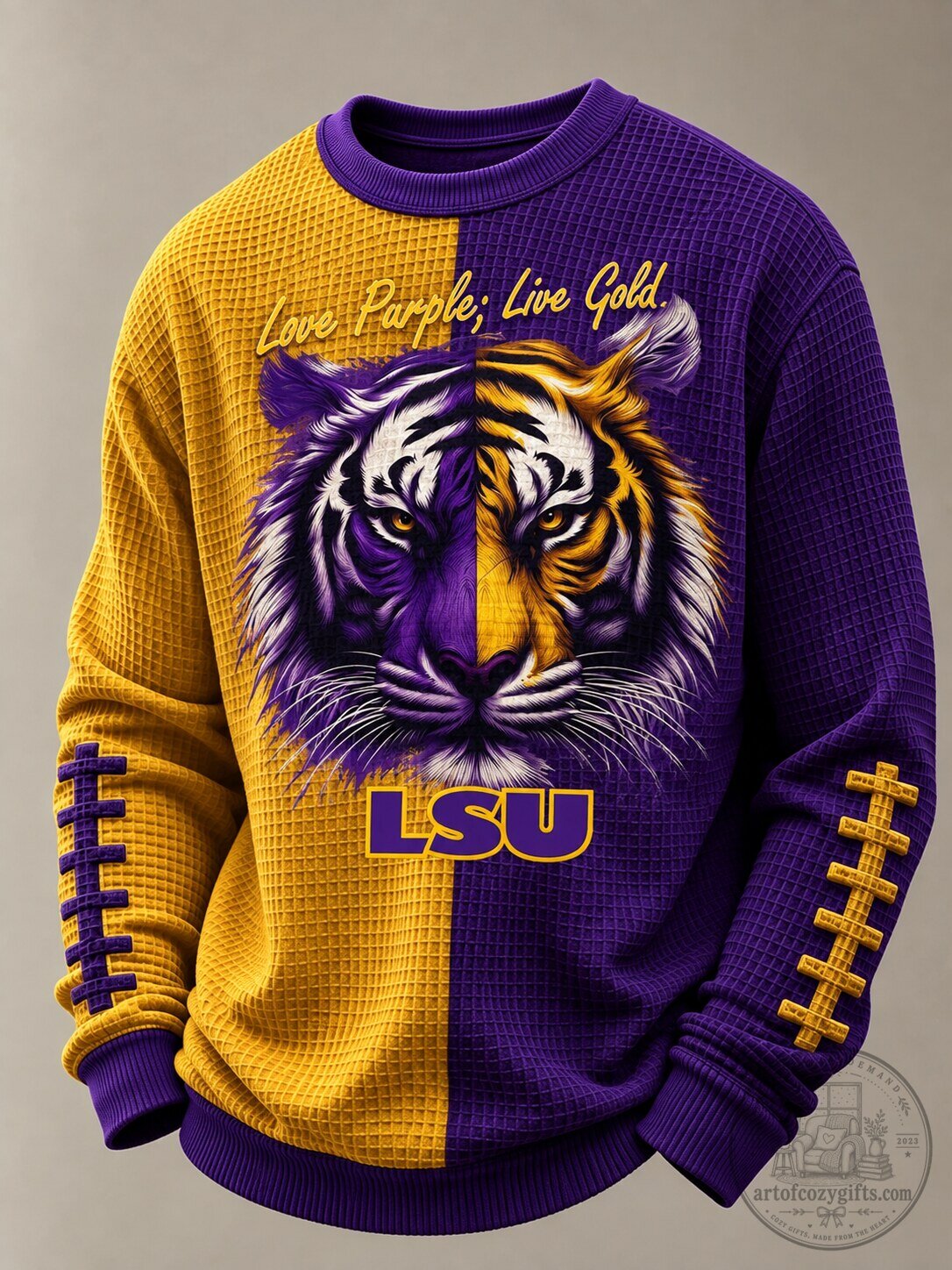 Louisiana State University Tigers Mascot Purple Gold Waffle Knit Sweatshirt