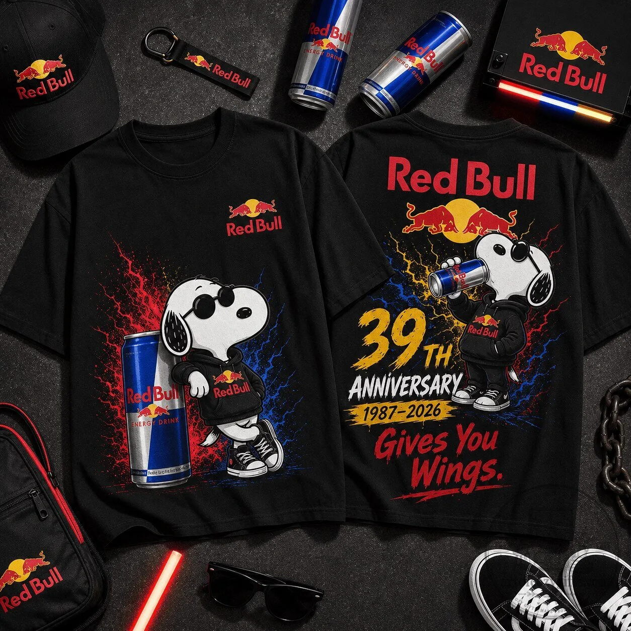 Red Bull Snoopy 39th Anniversary Lightning Can Energy Drink T-Shirt