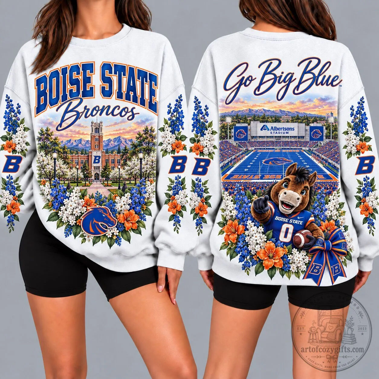 Boise State Broncos Football Floral White Crewneck Sweatshirt