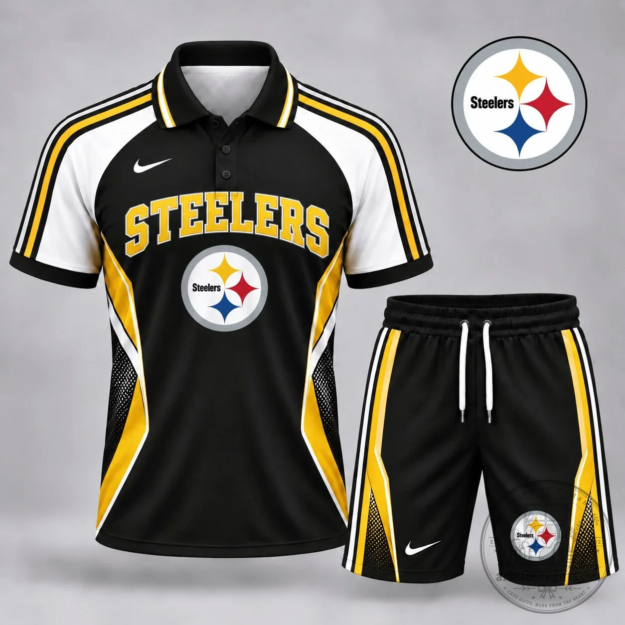 Pittsburgh Steelers NFL Football Team Black and Gold Polo Shirt and Shorts Set