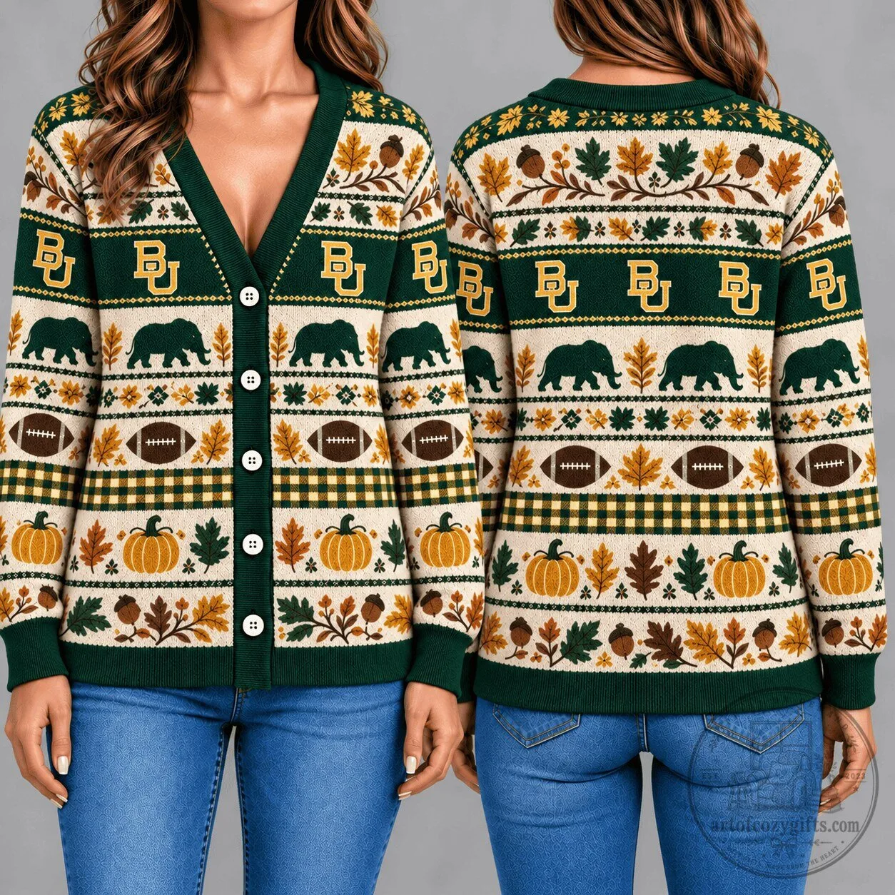 Baylor Bears Football Fall Autumn Leaves Pumpkin Knitted Cardigan Sweater