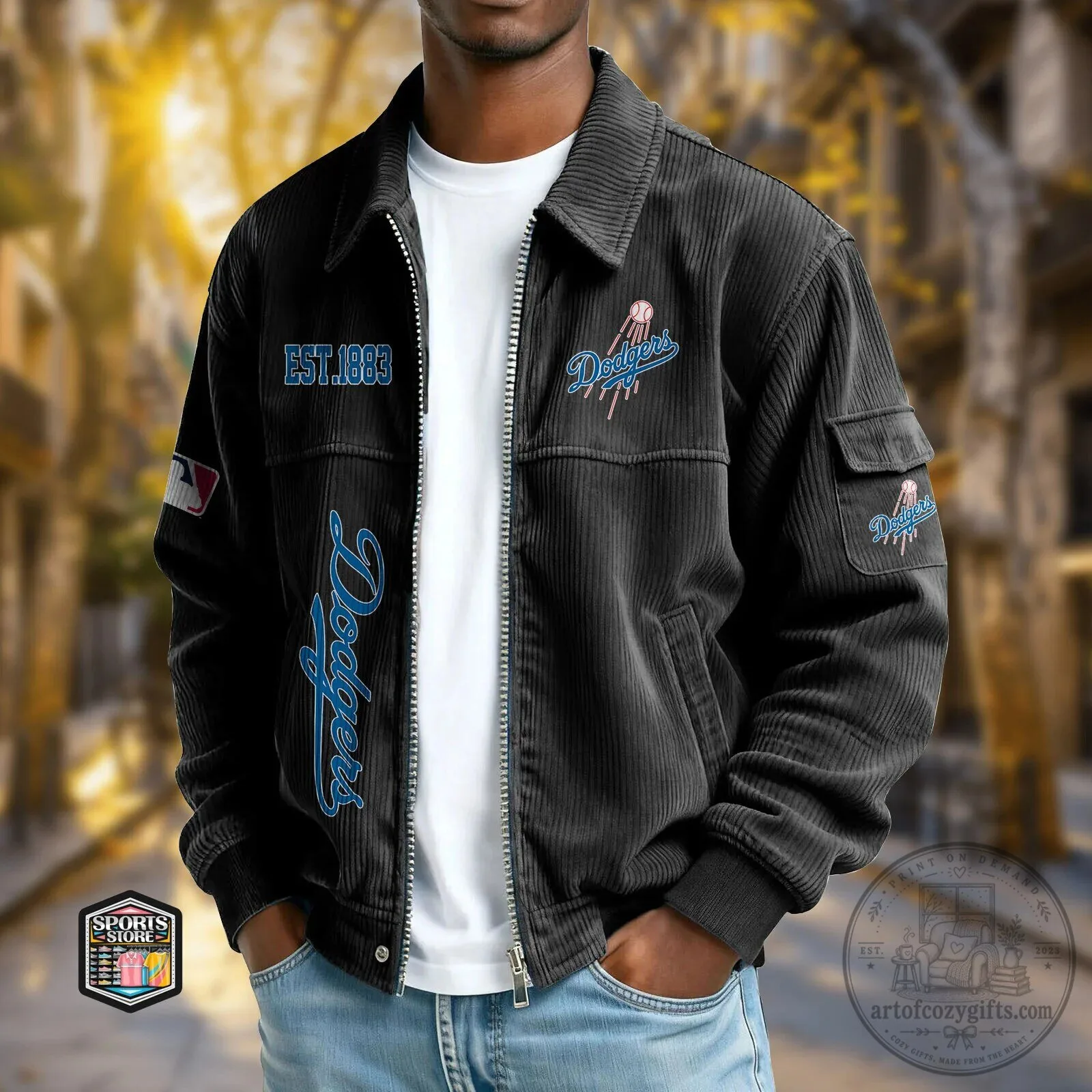 Los Angeles Dodgers Corduroy Bomber Jacket with Embroidered Logo
