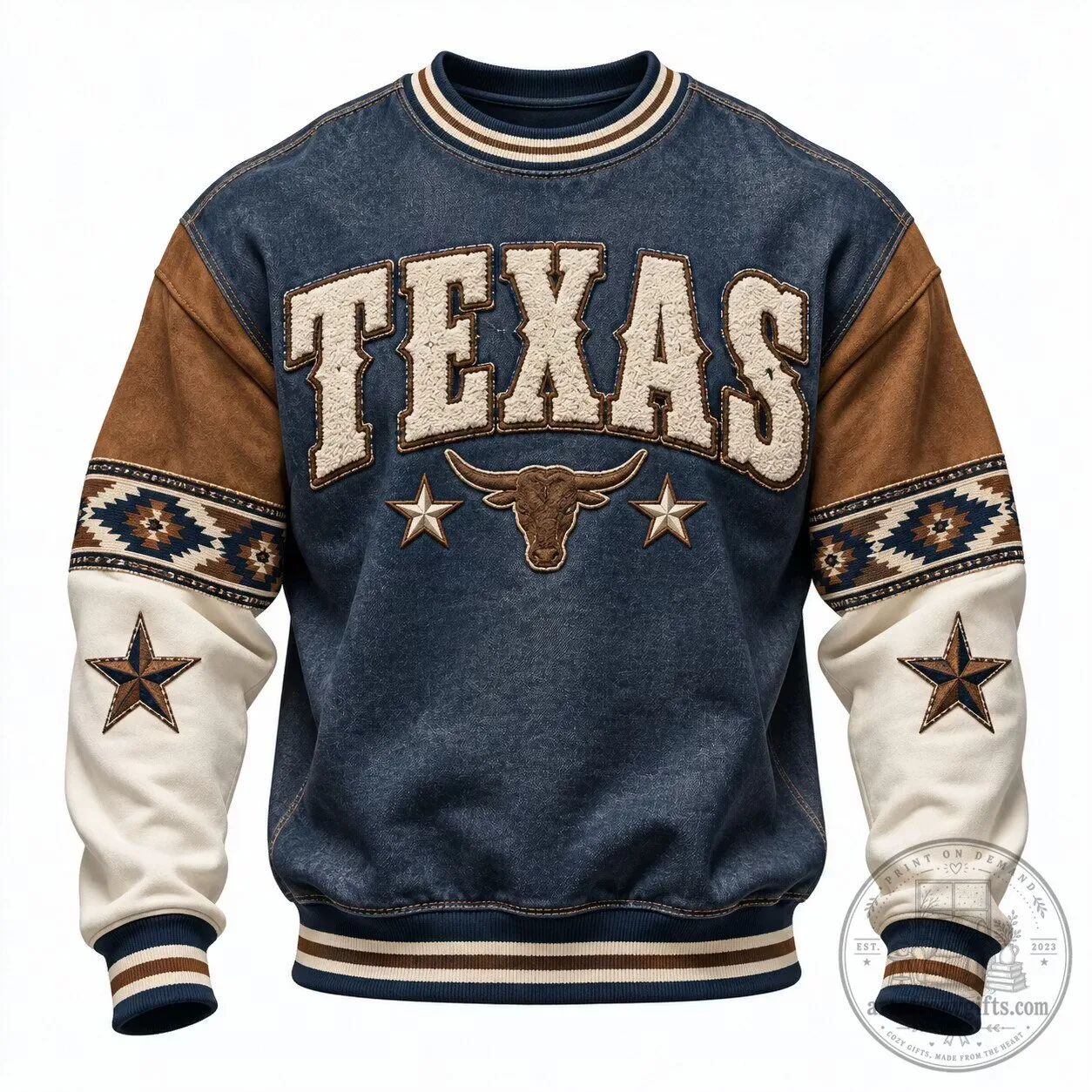 Texas Longhorn Cowboy Style Graphic Crewneck Long-Sleeve Sweatshirt