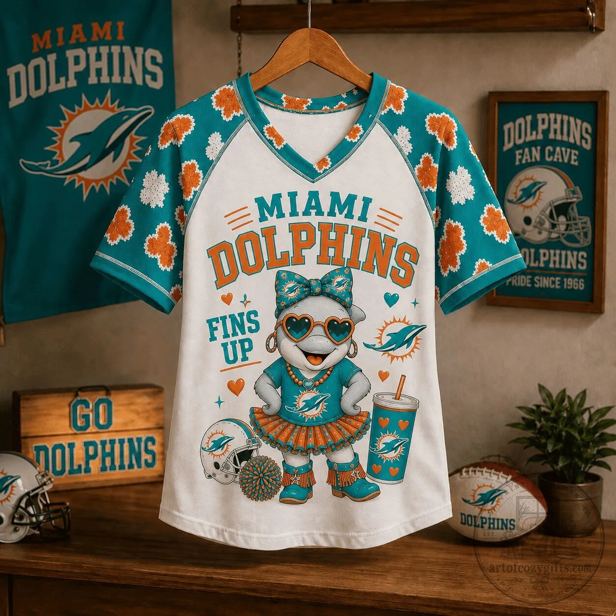 Miami Dolphins Shirt for Women, Cute Mascot V-Neck Raglan T-Shirt