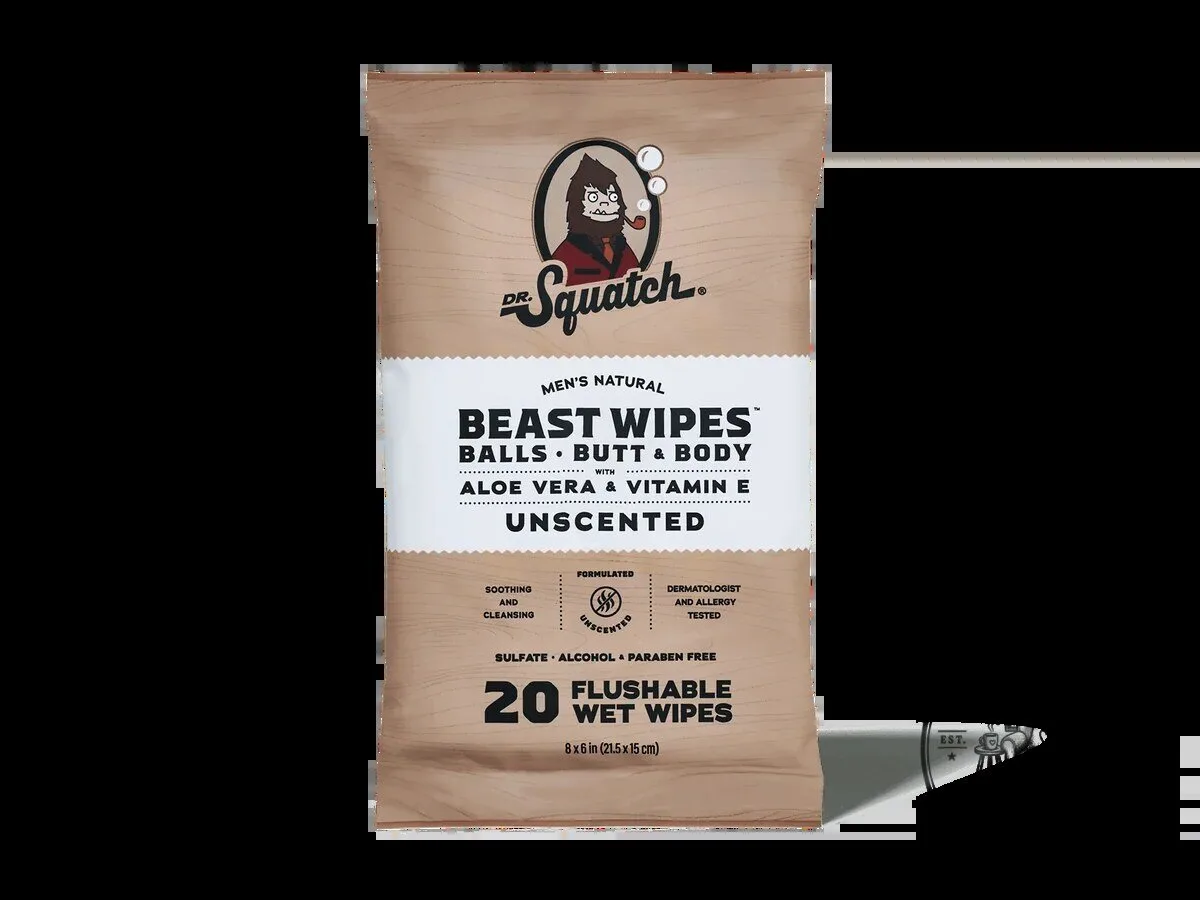 Dr. Squatch Men's Natural Unscented Beast Flushable Wet Wipes with Aloe Vera and Vitamin E 4 Dr. Squatch Men