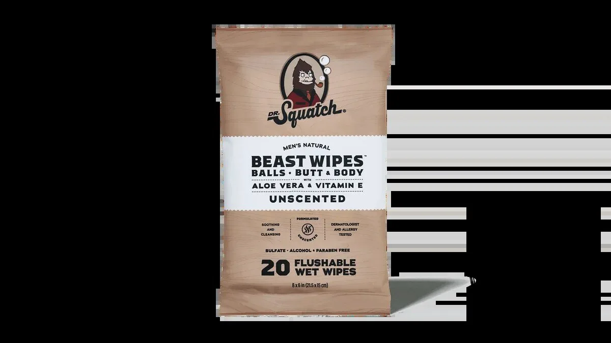 Dr. Squatch Men's Natural Unscented Beast Flushable Wet Wipes with Aloe Vera and Vitamin E 5 Dr. Squatch Men