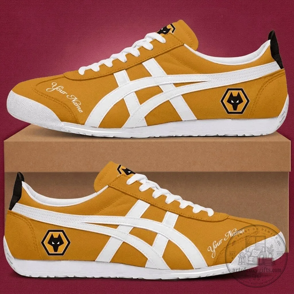 Wolverhampton Wanderers Football Club Custom Name Gold and White Athletic Shoes