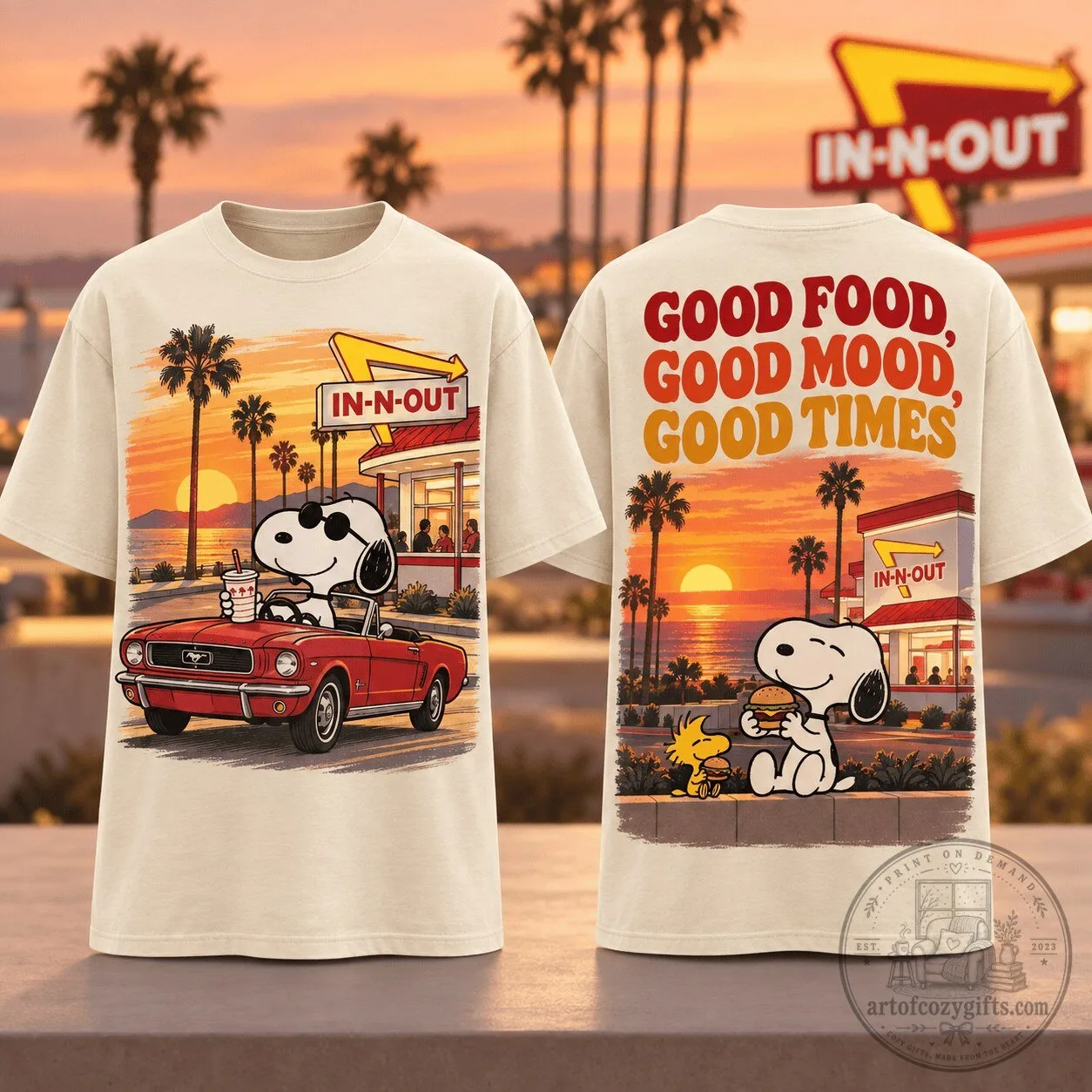Snoopy In-N-Out Burger Sunset Drive Cream T-Shirt
