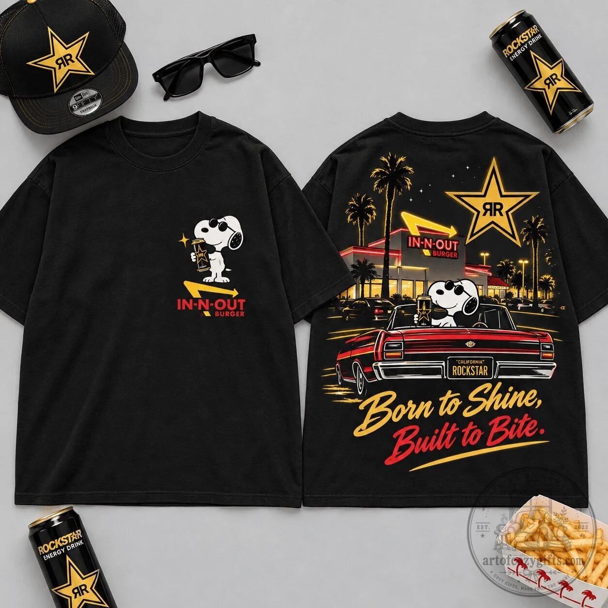 Snoopy Rockstar In-N-Out Burger Born to Shine Built to Bite Graphic T-Shirt