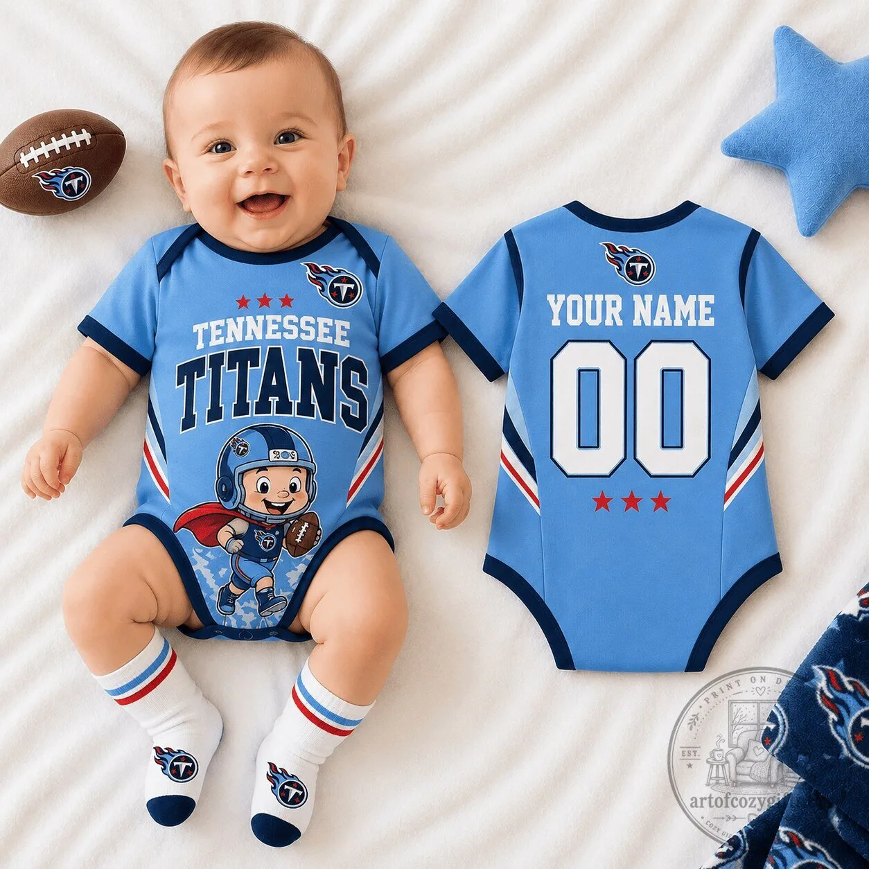 Tennessee Titans Baby Romper with Mascot and Custom Name Number