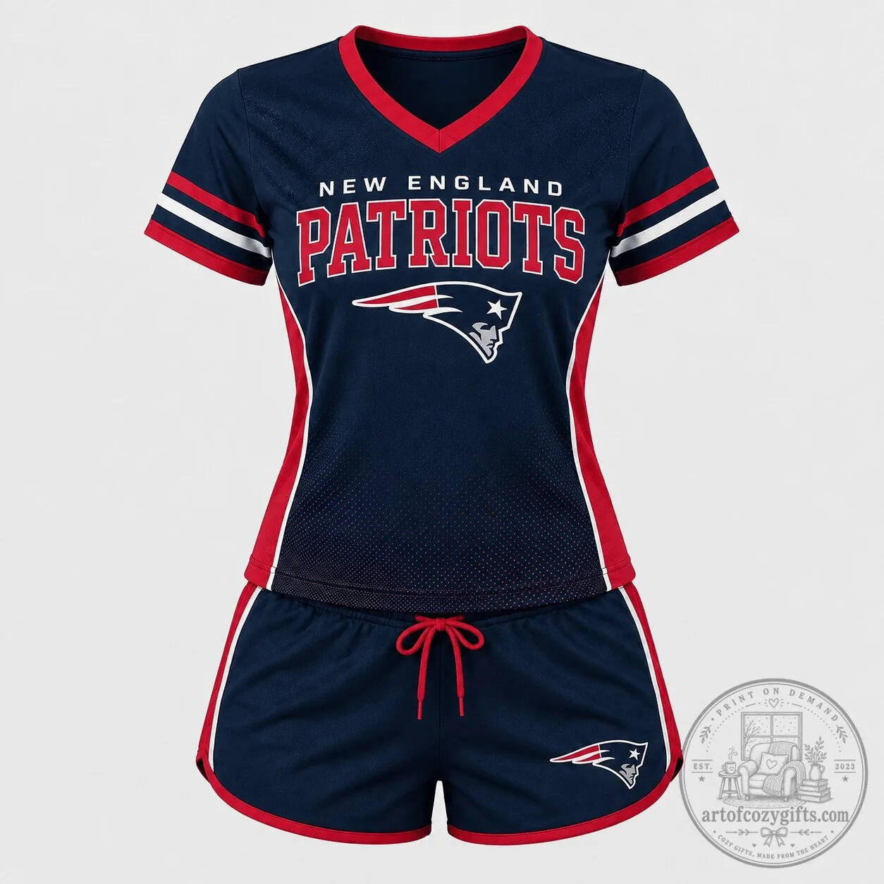 New England Patriots Women's Navy Blue and Red V-Neck Top and Shorts Set