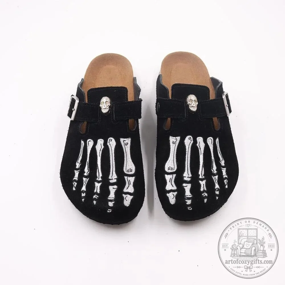 Gothic Skeleton Foot Embroidered Black Suede Clogs