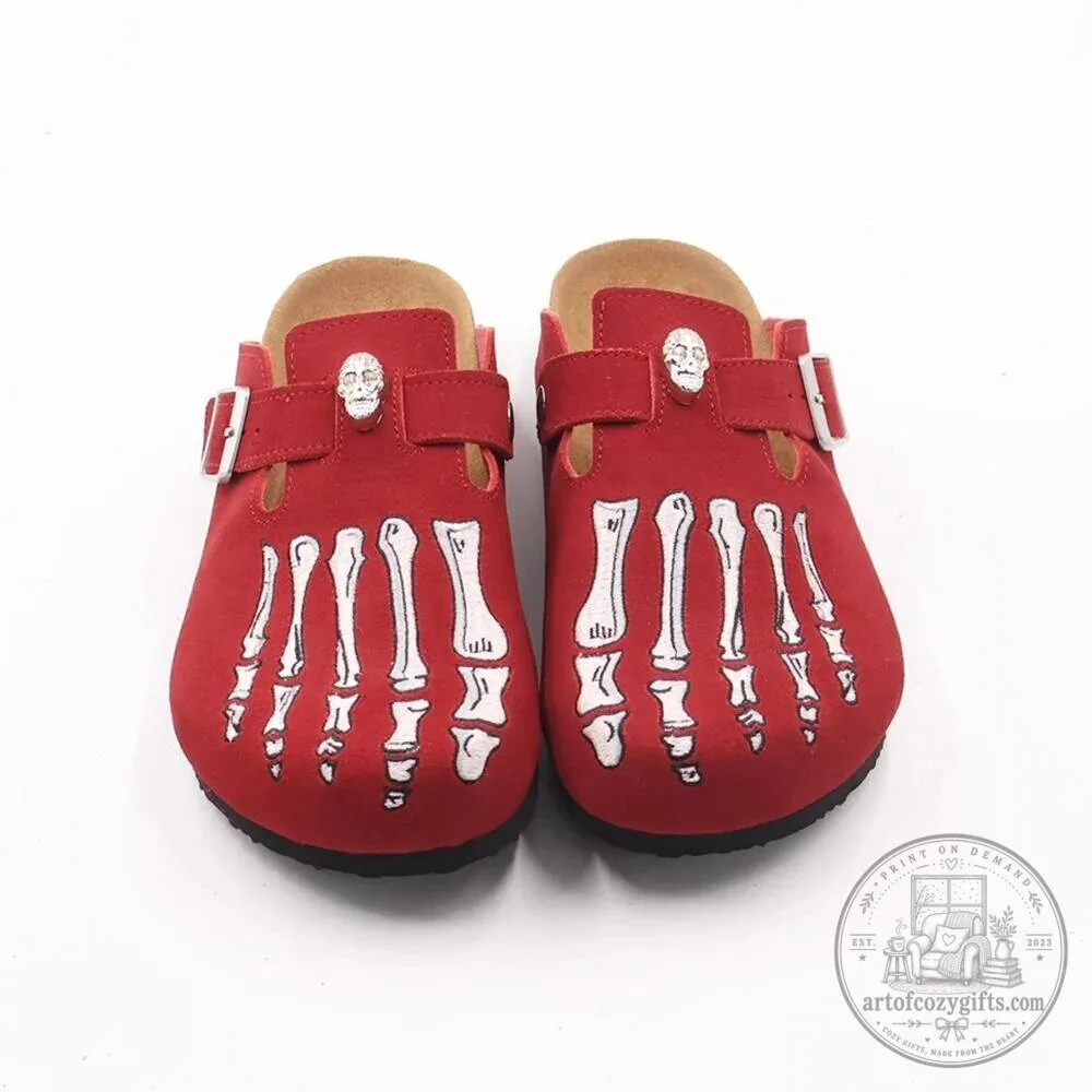 Gothic Skeleton Foot Embroidered Black Suede Clogs 8 Gothic Skeleton Foot Embroidered Black Suede Clogs