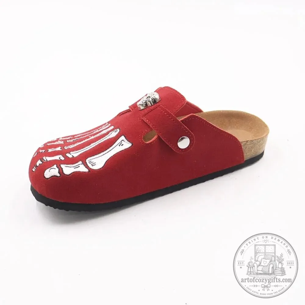 Gothic Skeleton Foot Embroidered Black Suede Clogs 9 Gothic Skeleton Foot Embroidered Black Suede Clogs