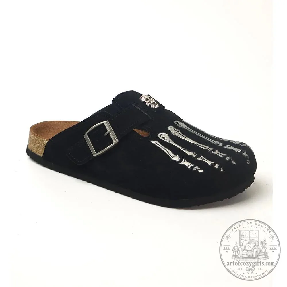 Gothic Skeleton Foot Embroidered Black Suede Clogs 10 Gothic Skeleton Foot Embroidered Black Suede Clogs