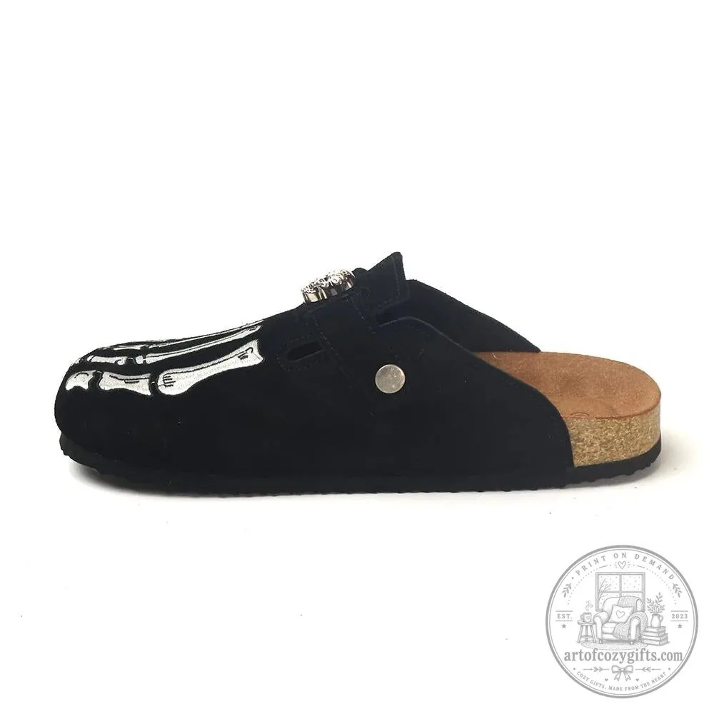 Gothic Skeleton Foot Embroidered Black Suede Clogs 11 Gothic Skeleton Foot Embroidered Black Suede Clogs
