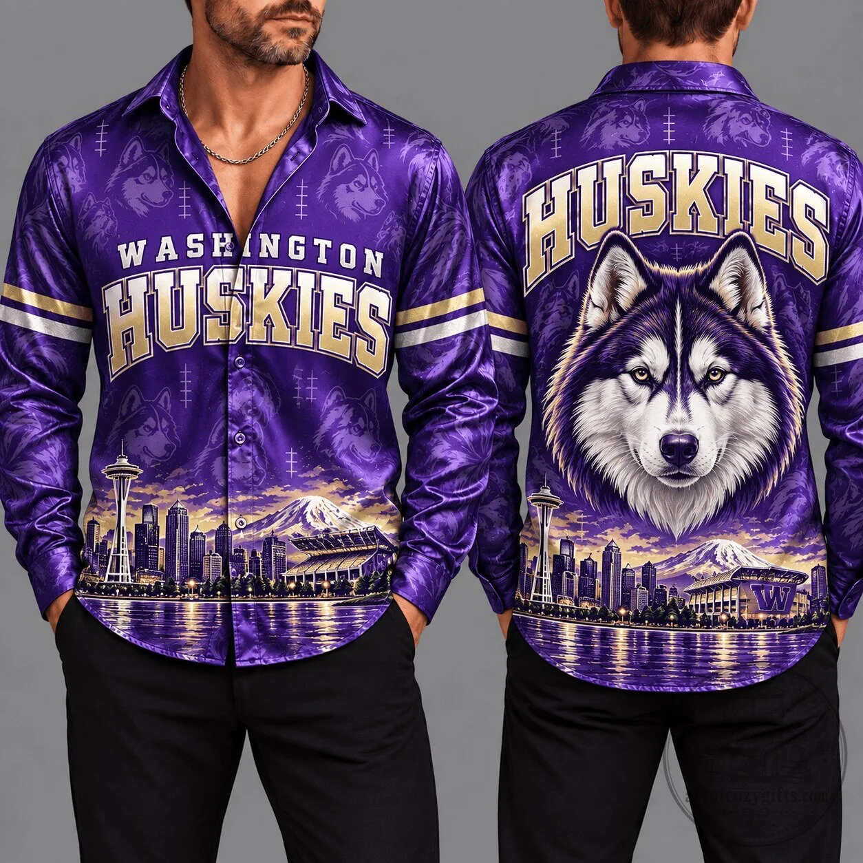 Washington Huskies Football Team Purple and Gold Long-Sleeve Button-Up Shirt