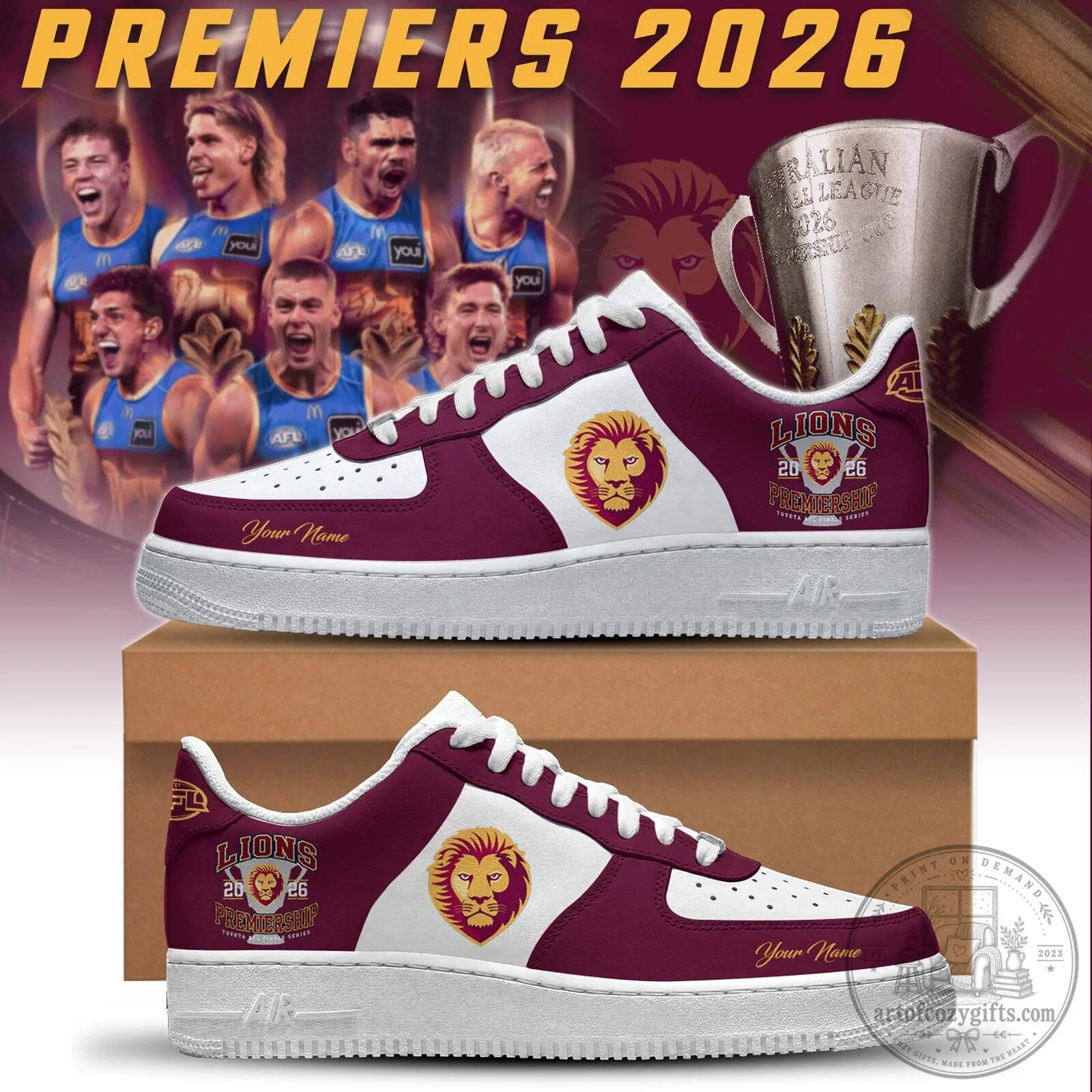 Brisbane Lions AFL Premiers 2026 Custom Name White and Maroon Sneakers