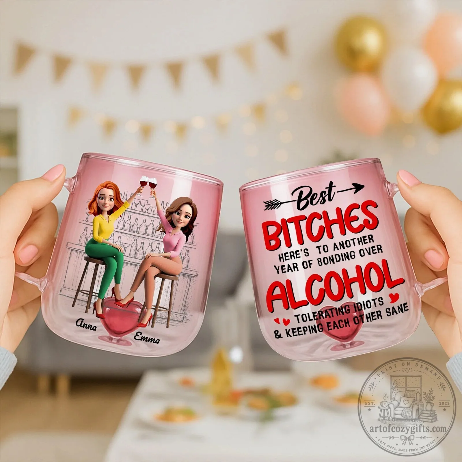 Best Bitches Personalized Wine Glass Mug, Funny Friends Drinking Alcohol Gift