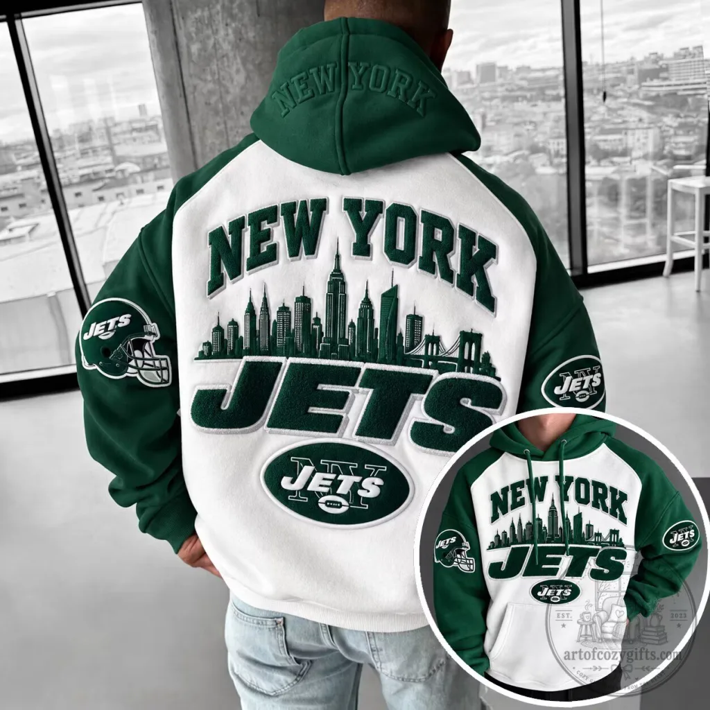 New York Jets Football Team Skyline Green and White Hoodie New York Jets Football Team Skyline Green and White Hoodie
