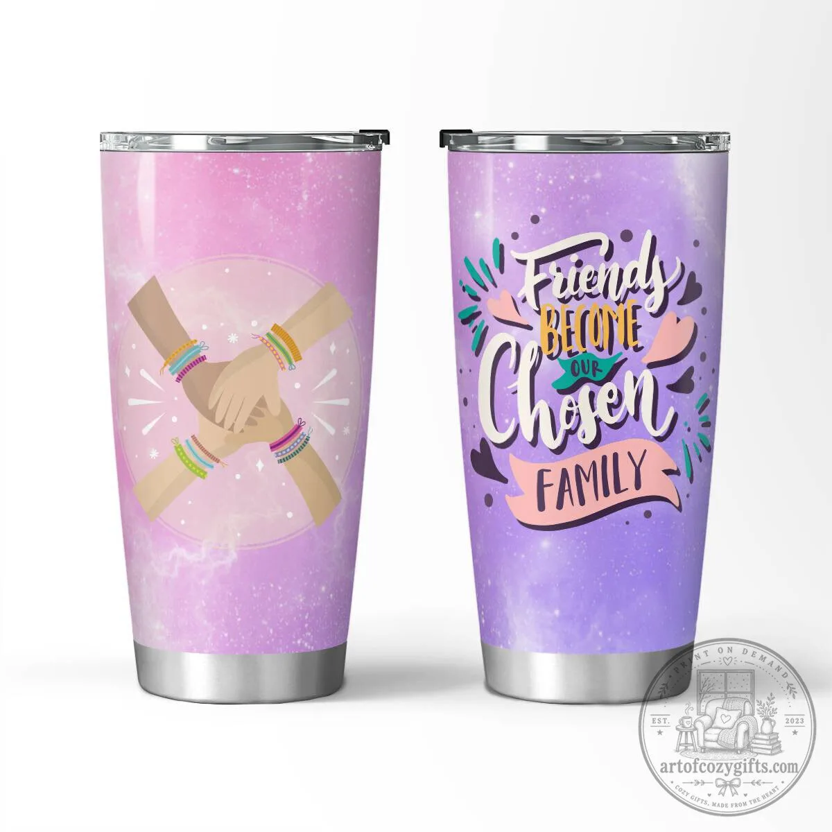 Friends Become Our Chosen Family Quote Pink and Purple Tumbler