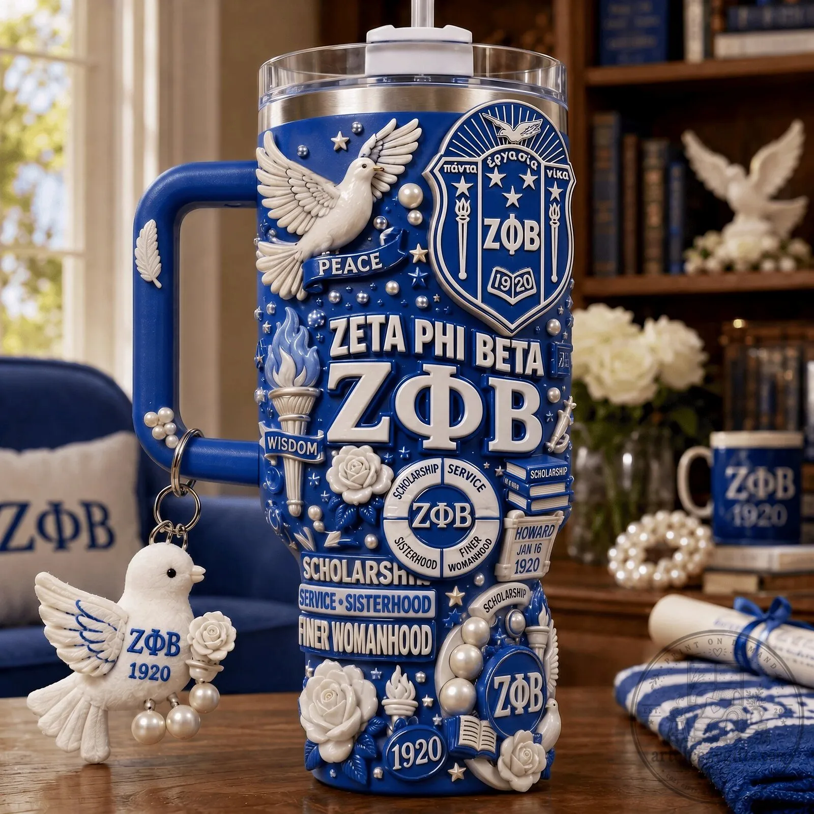 Zeta Phi Beta Sorority Incorporated Blue 40oz Tumbler with Handle and Straw